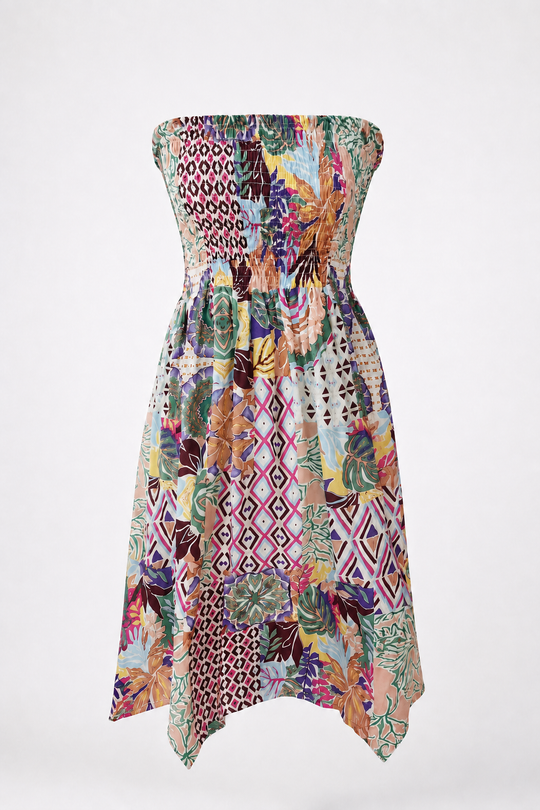 Elisha Multi Print Strapless Handkerchief Dress