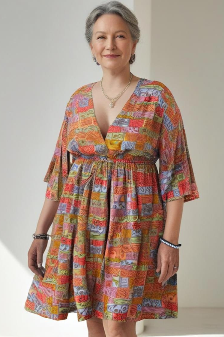 Woman wearing a colorful patterned dress against a neutral background