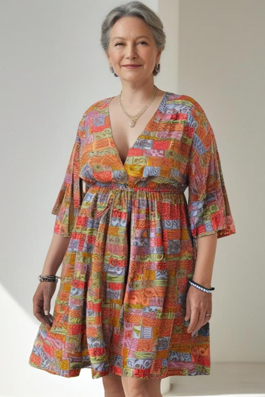 Woman wearing a colorful patterned dress against a neutral background