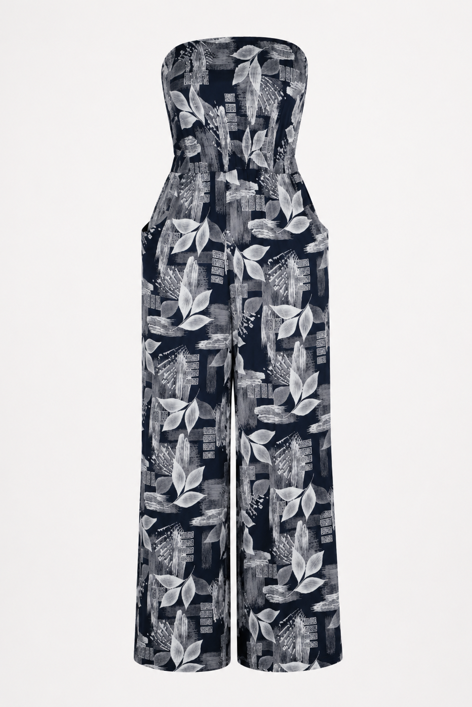 navy leaf print strapless wide-leg jumpsuit — Namastay Broome
