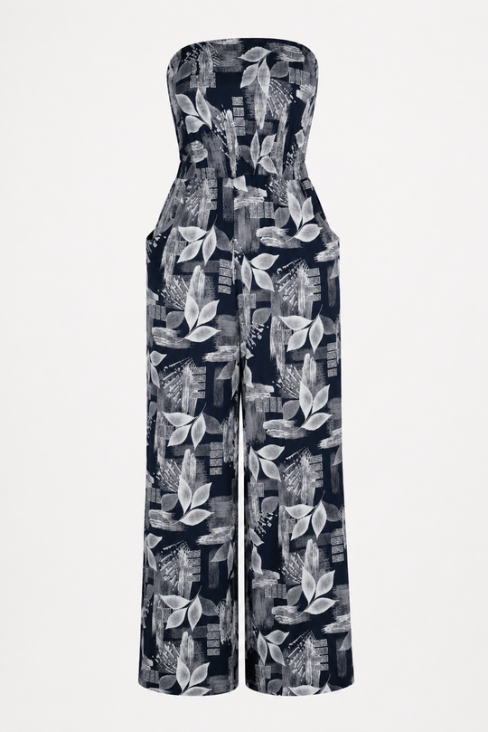 navy leaf print strapless wide-leg jumpsuit — Namastay Broome
