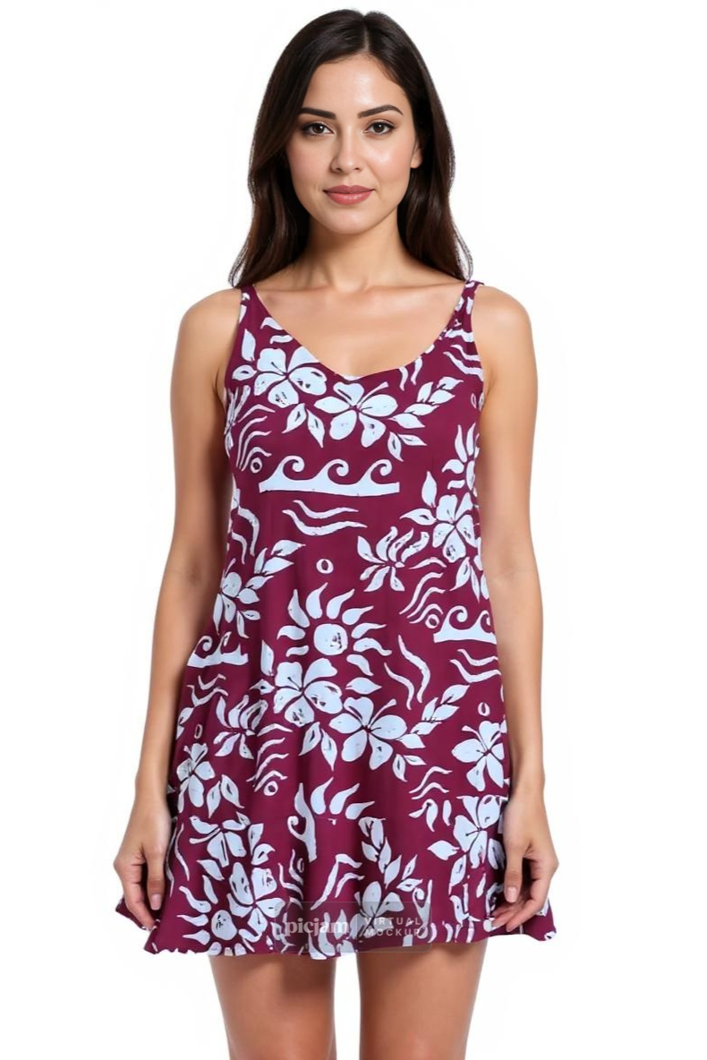 Woman wearing a maroon dress with white floral patterns on a white background