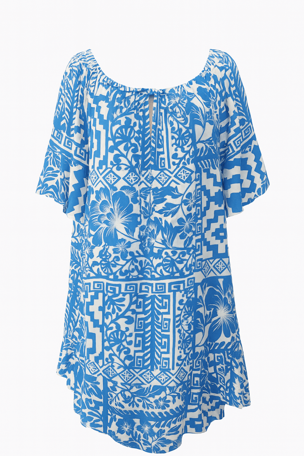 Sandy Floral Print Summer DressEmbrace island style with the Sandy Floral Print Summer Dress. Blue & white floral print, lightweight fabric, relaxed fit & tie neckline for summer comfort.
