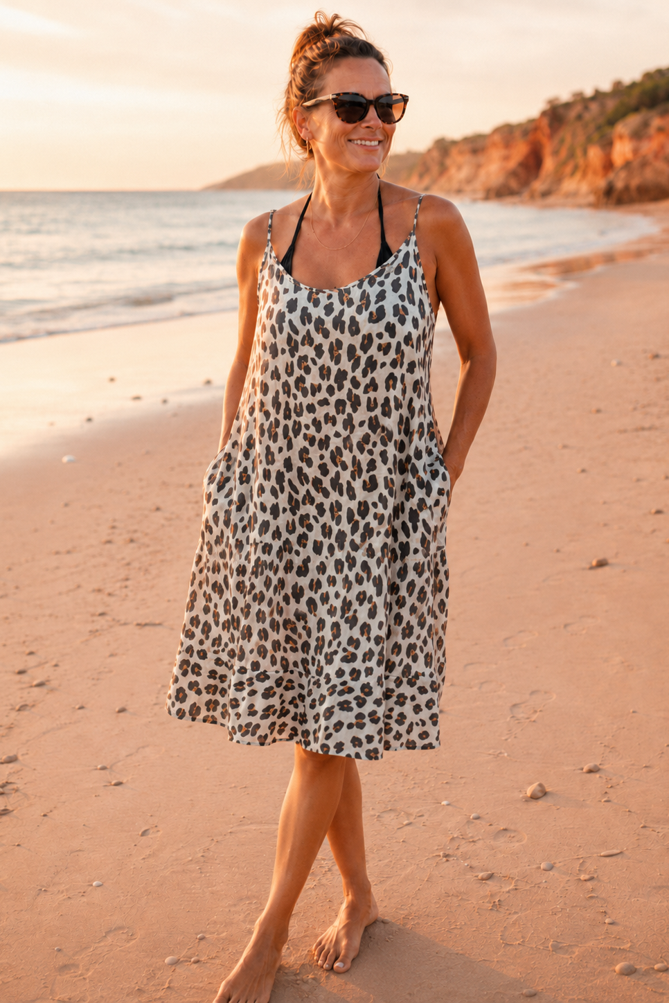 woman in leopard print swing dress with pockets — Namastay