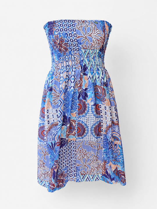 Elisha Blue Strapless Shirred Dress front view showing its multicolour patchwork print
