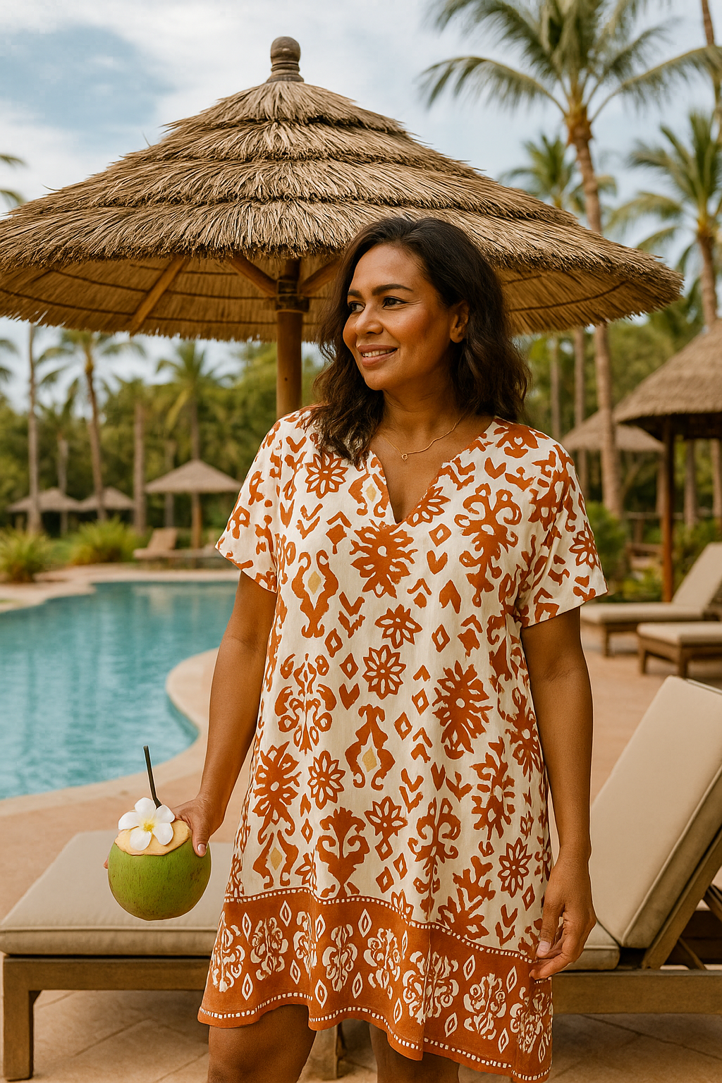 Woman in a boho-inspired women's orange floral dress by the pool with palm trees in the background.