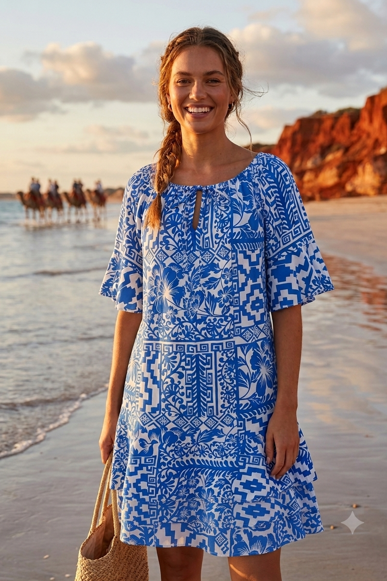 A woman stands on a beach at sunset wearing a blue and white patterned short-sleeve dress, holding a woven straw bag. The background shows ocean water, distant riders on horseback, and warm orange cliffs.